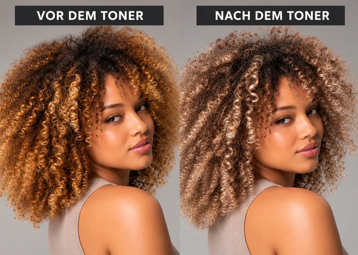 Krauses Haar vor und nach der Anwendung eines Toners &ndash; danach wirkt das Haar heller.