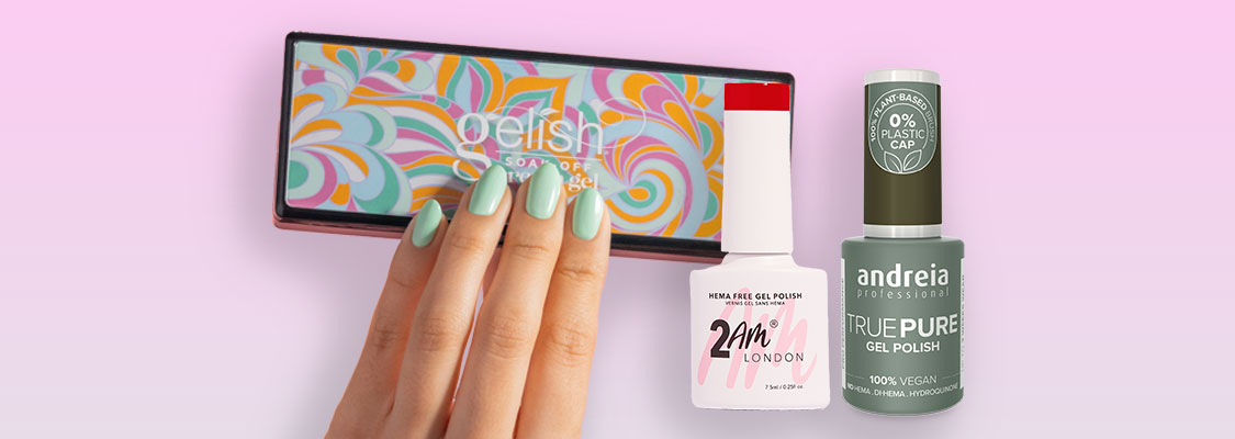 Sortiment TPO-freier Nagelgele von Pro Duo, darunter Andreia Professional True Pure, 2AM London und Gelish, mit veganen und pflanzlichen Formeln.